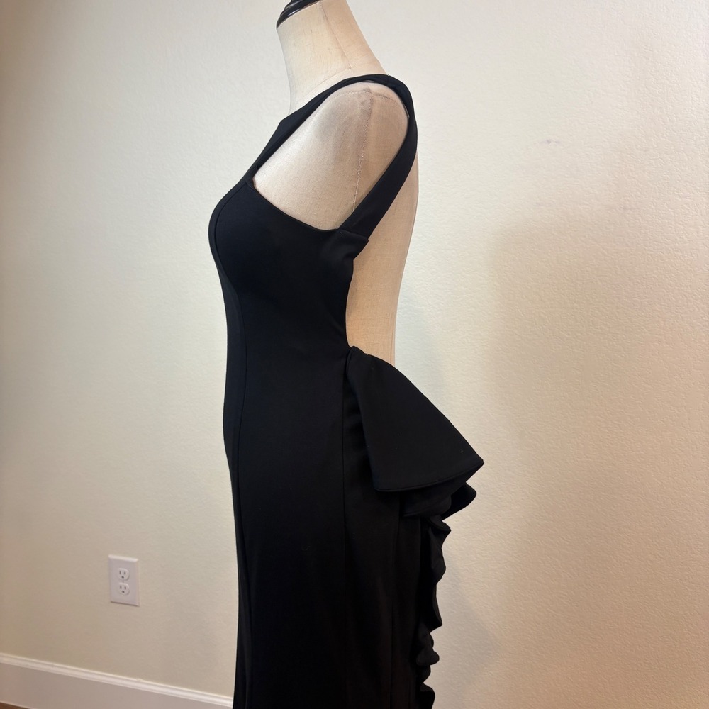 XSCAPE Gown Women 4 Black Open Back Ruffle Peplum Cutout Maxi Train minimalist - Picture 5 of 11